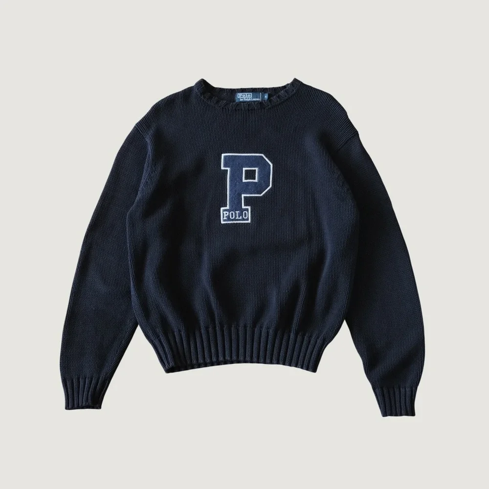 Polo Ralph Lauren Sweater Navy Blue Chenille P Logo Cotton Collegiate Mens M Vtg
